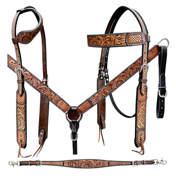Bar H Equine Genuine Western American Leather Horse Premium Headstall & Breast Collar Set